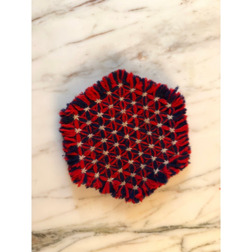 VVintage Handmade Red Navy White Woven Trivet Hot Pad Granny Chic